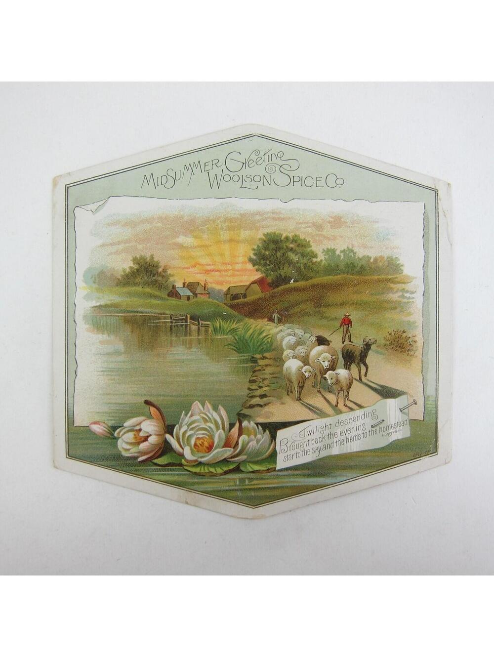 Victorian Trade Card Woolson Spice Co Shepherd Sheep Pond Farm House Flowers Sun - Picture 9 of 12